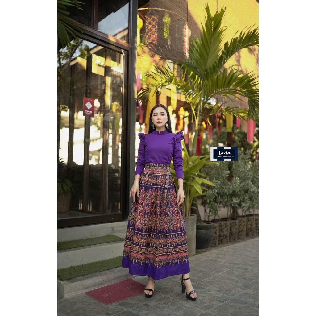 New Lanna Cotton Blouse and Skirt Set - Long Sleeve Blouse and Tie-Dye Pleated Skirt in 4 Colors