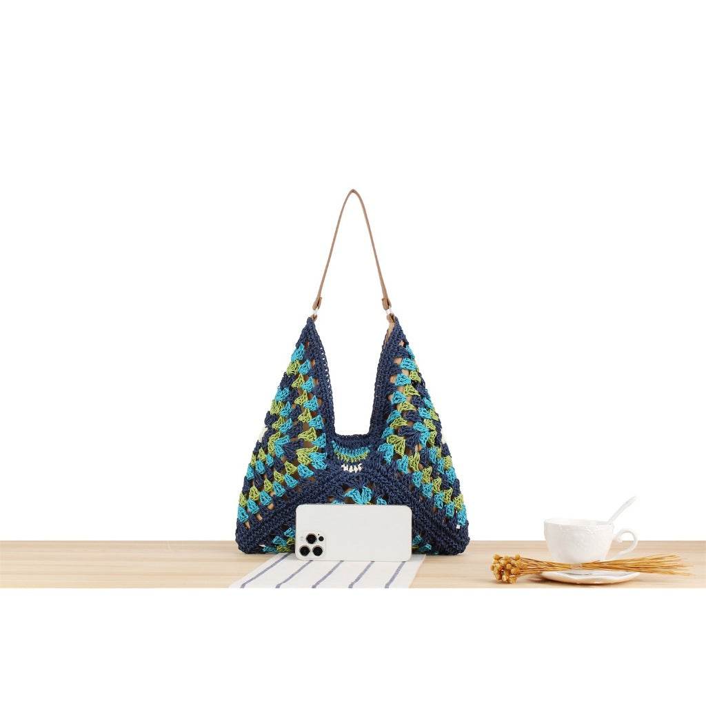 Trapezoid Handwoven Shoulder Bag in Dusty Purple – Leather Strap &amp; Lined Interior | Natural Cotton Rope Bag for Women One-Sake.com 1 2 1-2-