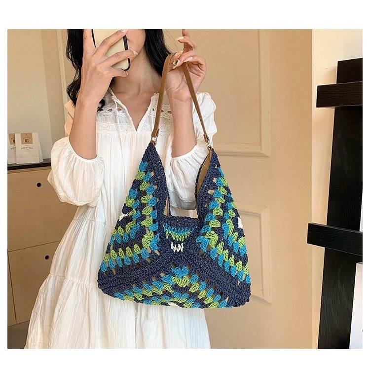 Trapezoid Handwoven Shoulder Bag in Dusty Purple – Leather Strap &amp; Lined Interior | Natural Cotton Rope Bag for Women One-Sake.com 1 2 1-2-