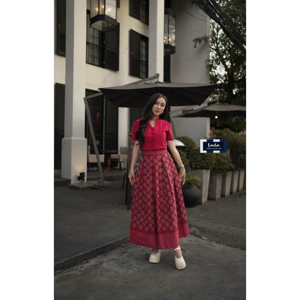 New Small Heart Print Cotton Set – Red, Purple & Gray | Traditional Lanna Fabric for Women in Sizes S–XL คอปีนสั้นแดง