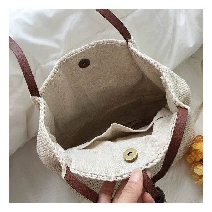 Korean Style Cotton Woven Shoulder Bag for Women – Handmade with Lining &amp; Magnetic Closure | Approx. 30cm x 25cm One-Sake.com khaki white off khaki-white off-