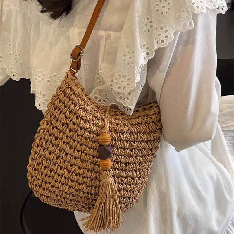 New Retro Tassel Woven Crossbody Bag for Women – Leather Strap &amp; Zip Closure | Cotton Rope Vintage Style Shoulder Bag 25cm Width One-Sake.com khaki white off khaki-white off-