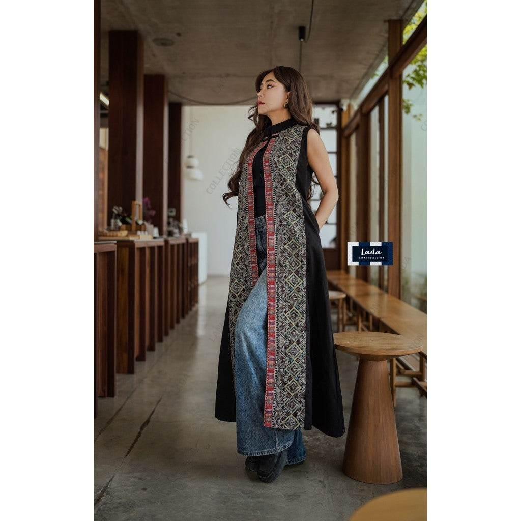 New Long Woven Jacket Paw Print in Black & Red | 50-Inch Length for Women Size M & XL ดำ