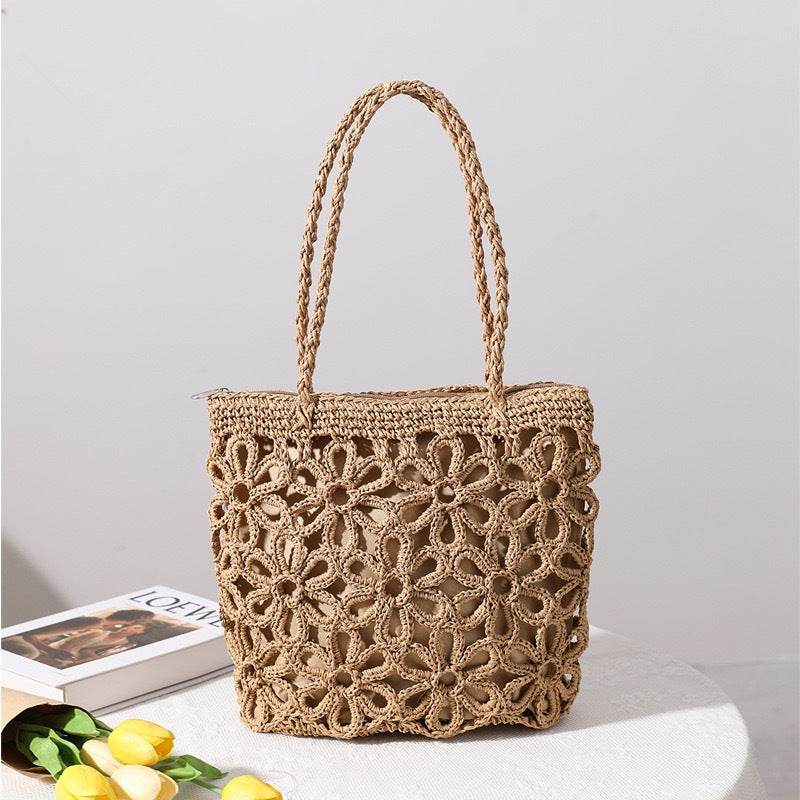 Handwoven Floral Mini Tote Bag for Women – Cotton Rope &amp; Natural Material | 30cm Shoulder Bag with Style &amp; Craftsmanship One-Sake.com khaki white off khaki-white off-