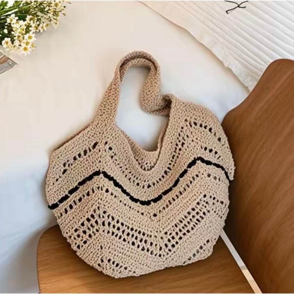 New Korean Style Crochet Shoulder Bag – Large Handmade Cotton Rope Tote | 33cm x 28cm with 58cm Strap One-Sake.com black green red green-red-black-