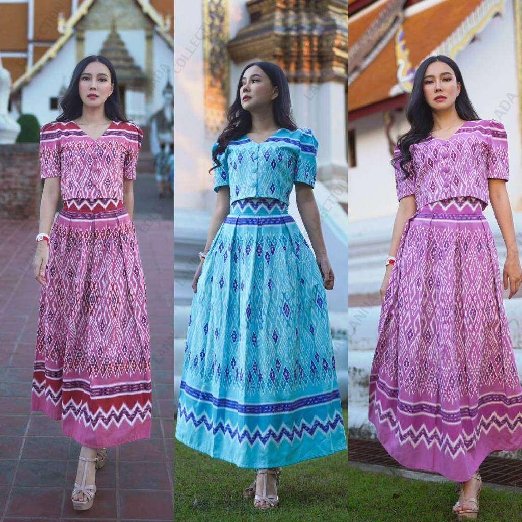 Pastel Print Cotton Set: Button Top & Pleated Skirt – S–XL Sizes | Women's Traditional Thai-Inspired Attire