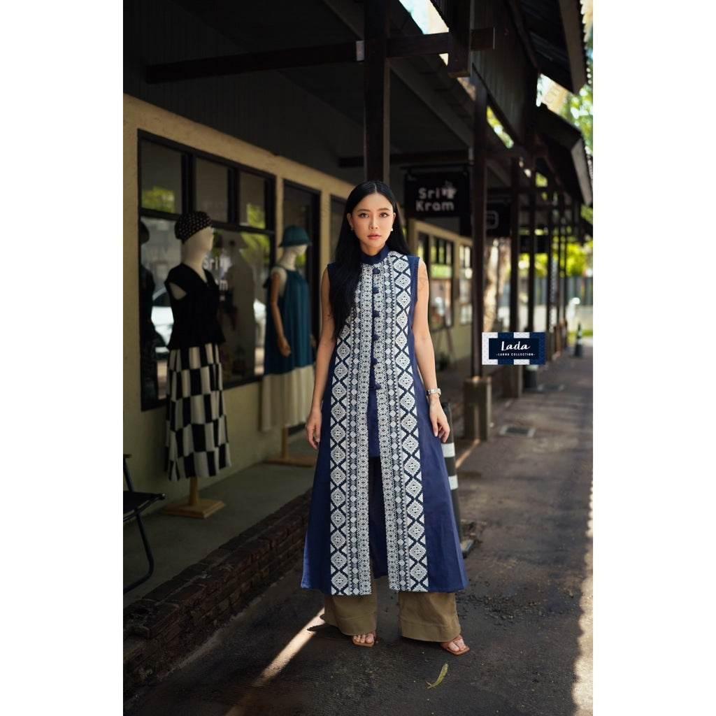 Long Navy Blue Tai Lue Coat - Handwoven Cotton Ethnic Wrap Outfit for Women in M & XL Sizes