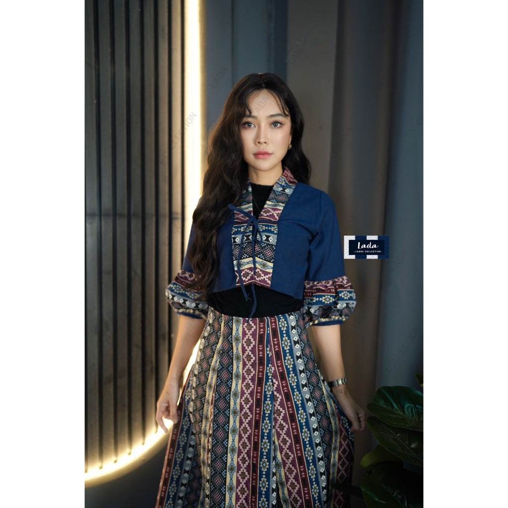New Woven Wrap Top &amp; 6-Piece Checkerboard Skirt Set – Navy Blue | Ethnic Cotton Outfit for Women in S–XL Sizes One-Sake.com L S M S-M-L-XL-
