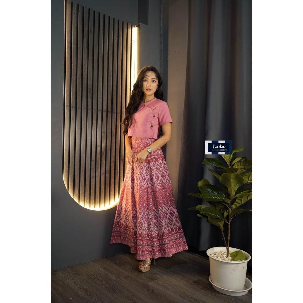 New Pink Cotton Skirt Set - Praewa Phan Maha Print 6-Piece Women's Crop Top & Pleated Outfit | Sizes S–XL