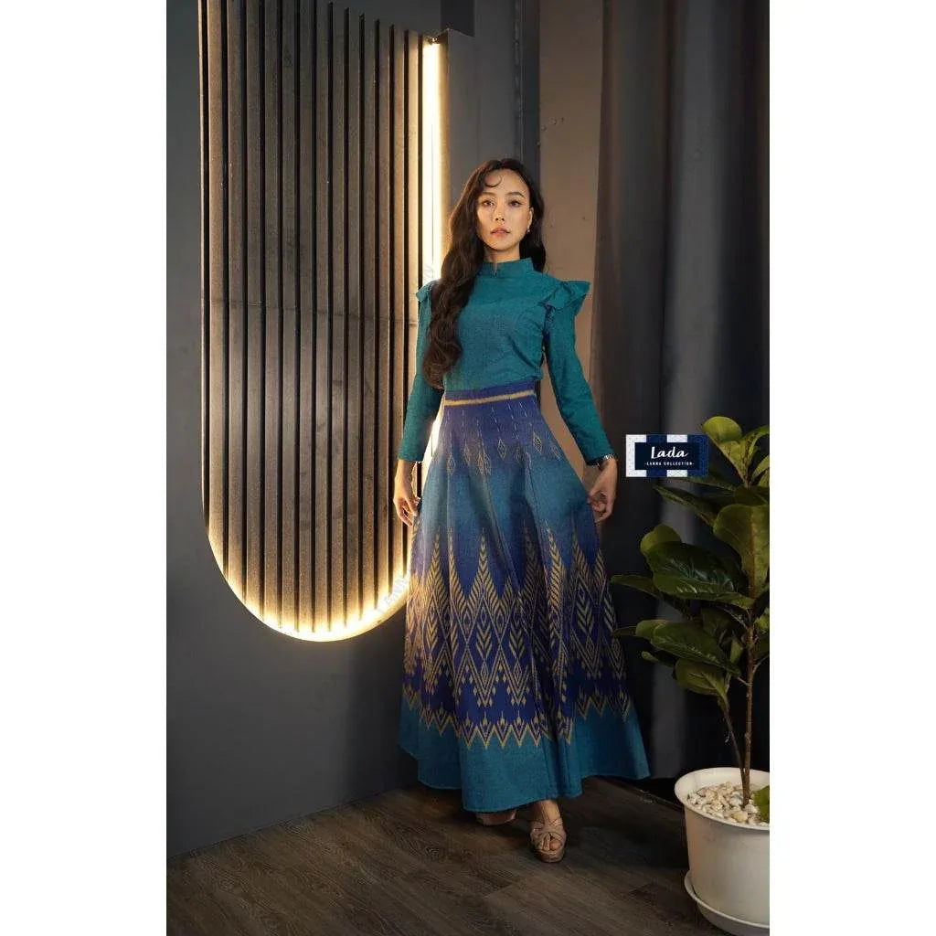 New Pine Pattern Cotton Set - 8-Piece Wing Sleeve Top & Light Purple Ocean Blue Skirt for Women in S–XL Sizes ฟ้าน้้ำทะเล