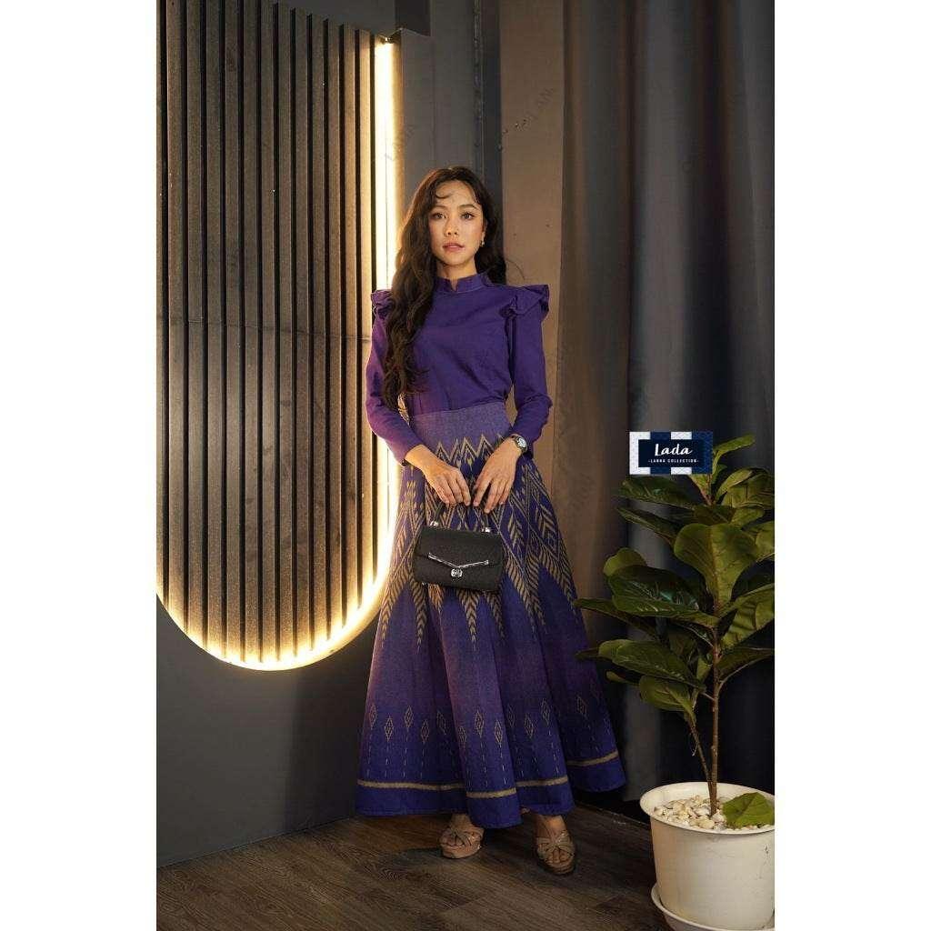New Pine Pattern Pleated Skirt Set for Women – 8-Piece Deep Purple & Navy Blue Cotton with Wing Sleeve Top, Sizes S to XL