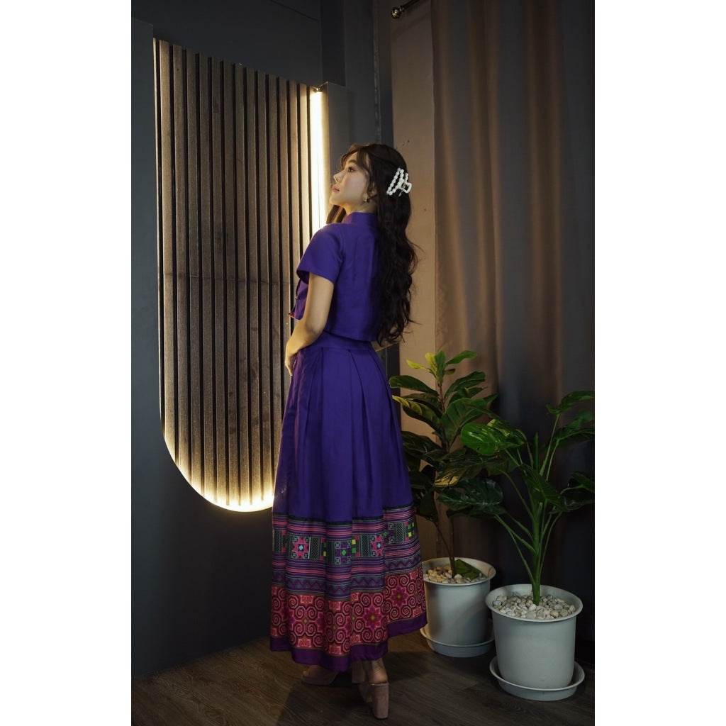 New Chinese Collar Top &amp; Swirl Print Skirt Set – Purple Cotton Outfit | Modest Style for Women One-Sake.com ม่วง / L ม่วง / S ม่วง / M ม่วง / S-ม่วง / M-ม่วง / L-ม่วง / XL-