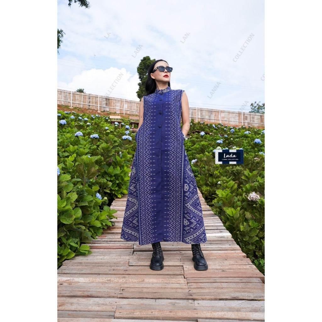 New Indigo Print Long Wrap Coat 51 Inches for Women - Available in M & XL Sizes