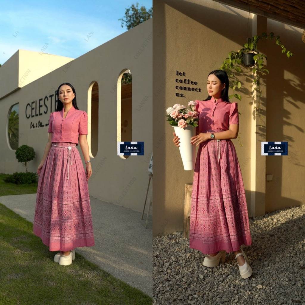 New Pink Piku Flower Print Skirt with 2 Top Styles – Cotton 2-Piece Set | S–XL Sizes for Women One-Sake.com คอปีนแขนสั้น / L คอปีนแขนสั้น / S คอปีนแขนสั้น / M คอปีนแขนสั้น / S-คอปีนแขนสั้น / M-คอปีนแขนสั้น / L-คอปีนแขนสั้น / XL-ครอปจิตรลดาระบายเล็ก / S-ครอปจิตรลดาระบายเล็ก / M-ครอปจิตรลดาระบายเล็ก / L-ครอปจิตรลดาระบายเล็ก / XL-