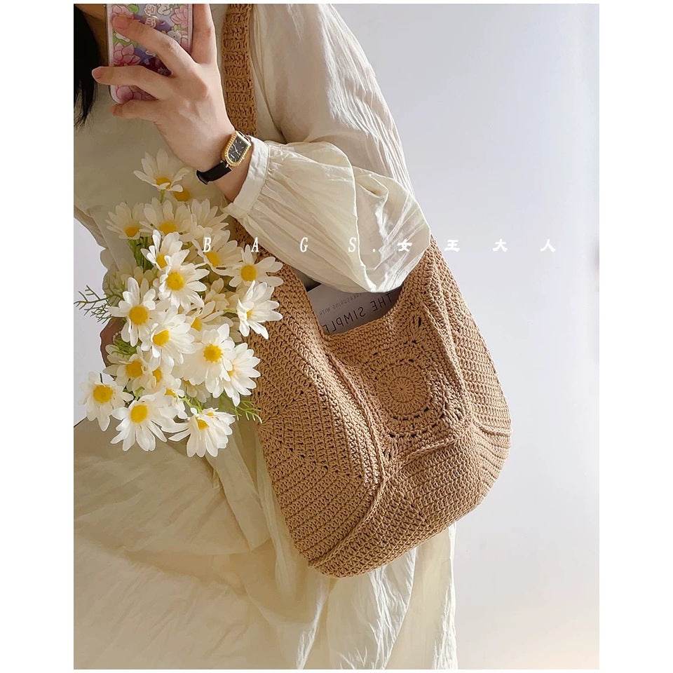 Handwoven Cotton Tote Bag for Women – Eco-Friendly Natural Fiber Shoulder Bag | 27cm x 38cm with Adjustable Strap One-Sake.com khaki white off khaki-white off-