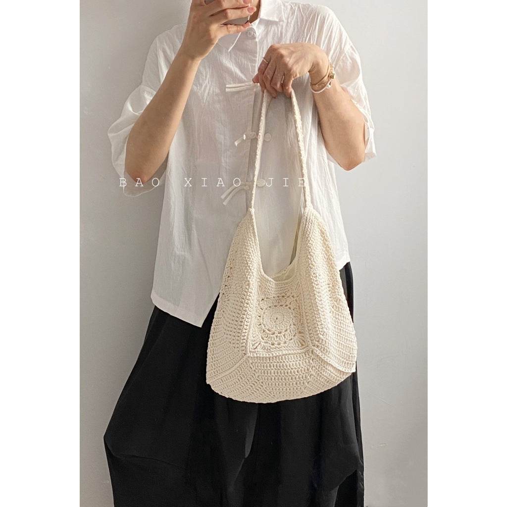 Handwoven Cotton Tote Bag for Women – Eco-Friendly Natural Fiber Shoulder Bag | 27cm x 38cm with Adjustable Strap One-Sake.com khaki white off khaki-white off-