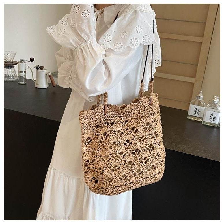 New Handwoven Women’s Shoulder Bag with Leather Strap &amp; Zip Closure – Approx. 33cm Width | Cotton Rope Woven Tote for Daily &amp; Casual Wear One-Sake.com khaki white off khaki-white off-