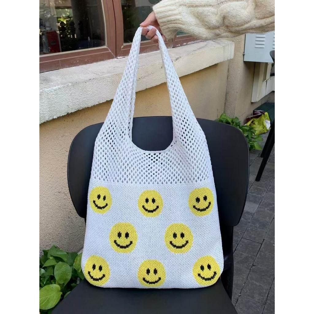 Smiley Face Crochet Bag – Colorful Handmade Cotton Rope Tote with 30cm Strap | Large Capacity 40cm Shoulder Bag white