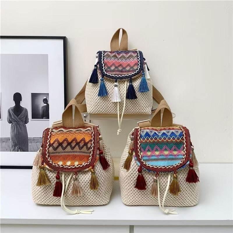 Unique Handwoven Crossbody Backpack for Women with Colorful Tassels - Natural Cotton Rope, 33x22cm, Adjustable Strap