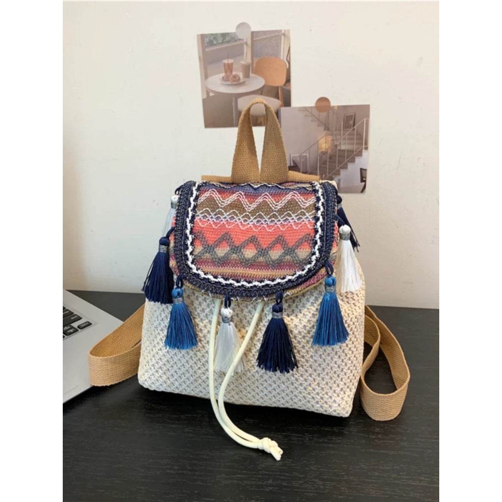 Unique Handwoven Crossbody Backpack for Women – Colorful Tassels &amp; Natural Cotton Rope | 33x22cm Size with Adjustable Strap One-Sake.com 3 1 2 1-2-3-