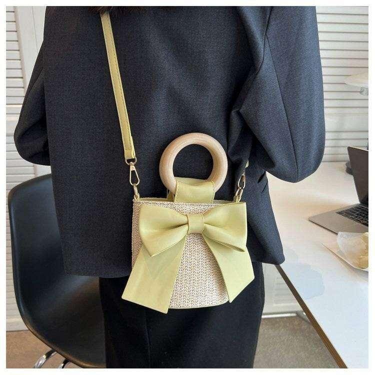 Wooden Handle Handwoven Bag | Cotton Rope Crossbody Bag with Adjustable Strap for Check-Ins & Photos