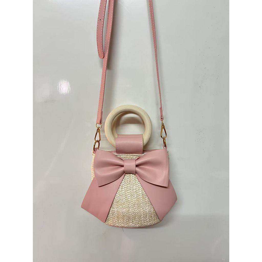 Wooden Handle Bow Shape Handwoven Bag – Perfect for Check-Ins &amp; Photos | Cotton Rope Crossbody Bag with Adjustable Strap One-Sake.com green khaki white khaki-white-green-pink-