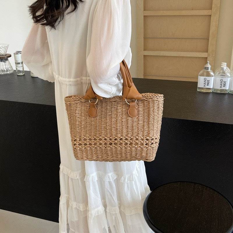 Premium Handwoven Tote Bag for Women – 20x29cm with Genuine Leather Handles | High-End Crafted Design for Styling &amp; Photoshoots One-Sake.com khaki whit off khaki-whit off-