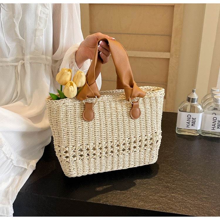 Premium Handwoven Tote Bag for Women – 20x29cm with Genuine Leather Handles | High-End Crafted Design for Styling &amp; Photoshoots One-Sake.com khaki whit off khaki-whit off-