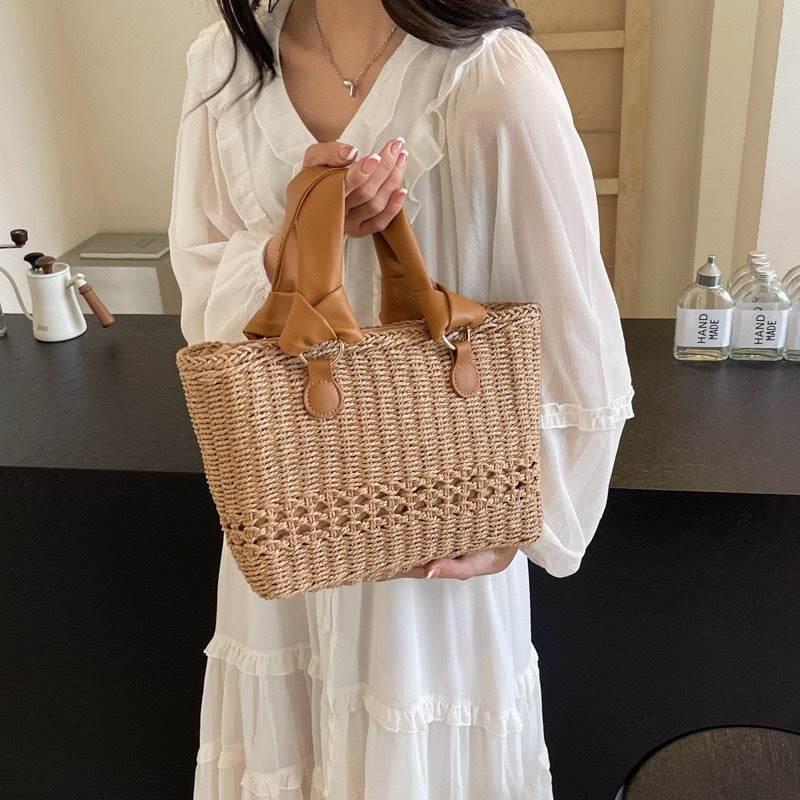Premium Handwoven Tote Bag for Women – 20x29cm with Genuine Leather Handles | High-End Crafted Design for Styling &amp; Photoshoots One-Sake.com khaki whit off khaki-whit off-