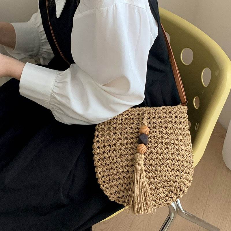 New Retro Tassel Woven Crossbody Bag for Women – Leather Strap &amp; Zip Closure | Cotton Rope Vintage Style Shoulder Bag 25cm Width One-Sake.com khaki white off khaki-white off-