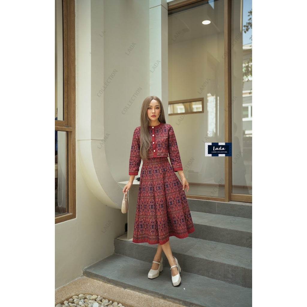 Elegant Long Sleeve Wrap Top &amp; 8-Piece Pleated Skirt Set – Vintage Praewa Pattern in 3 Colors | Cotton Outfit for Women S–XL One-Sake.com แดง / L แดง / S แดง / M แดง / S-แดง / M-แดง / L-แดง / XL-นำเงิน / S-นำเงิน / M-นำเงิน / L-นำเงิน / XL-กรม / S-กรม / M-กรม / L-กรม / XL-