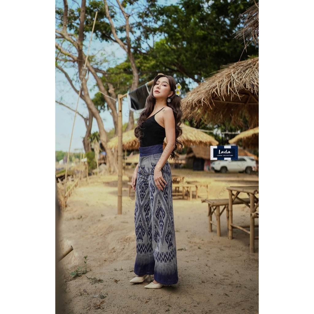 High-Waisted Thai Print Cotton Pants – Slim Fit Trousers with Side Pockets | 39” Length in S–XL Sizes One-Sake.com L S M S-M-L-XL-
