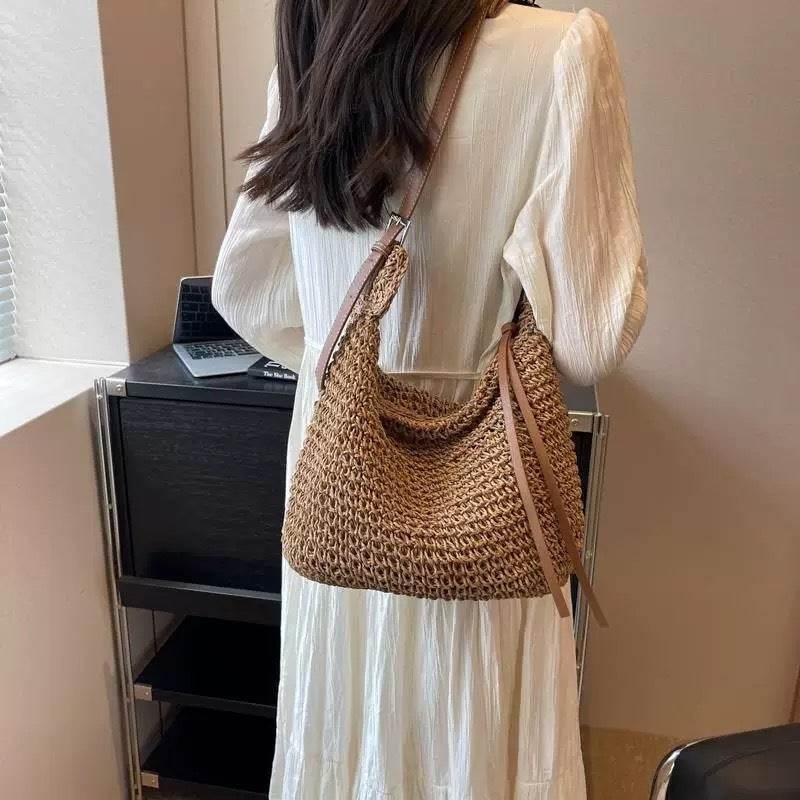 Korean Style Handwoven Cotton Tote Bag – Adjustable Long Strap &amp; Lining | Approx. 21cm x 30cm with 60cm Strap One-Sake.com khaki white off khaki-white off-