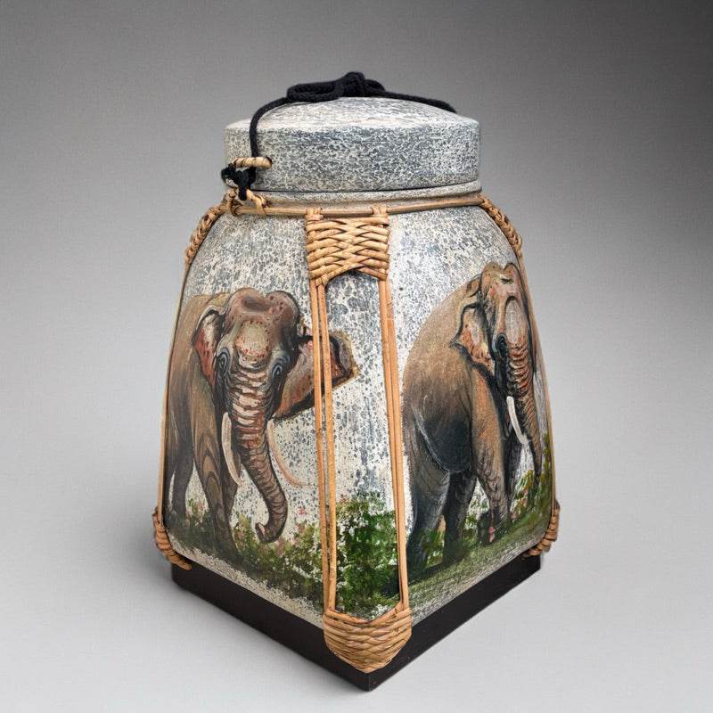 Handmade Thai decorative tray featuring elephant artwork with woven details by One-Sake.com