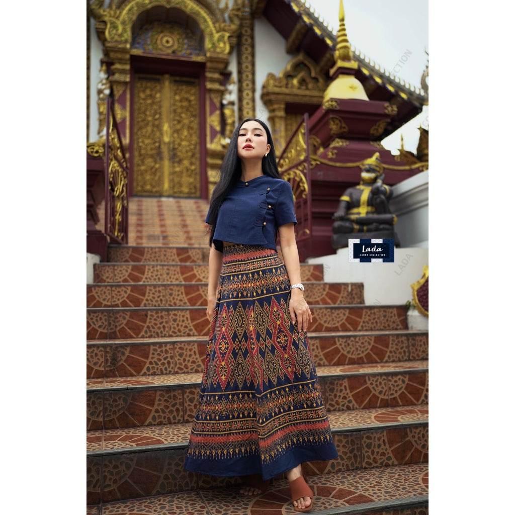 New Tie Dye Cotton Skirt Set - 6-Piece High Waist Pleated Outfit with Crop Top for Women in 4 Colors กรม