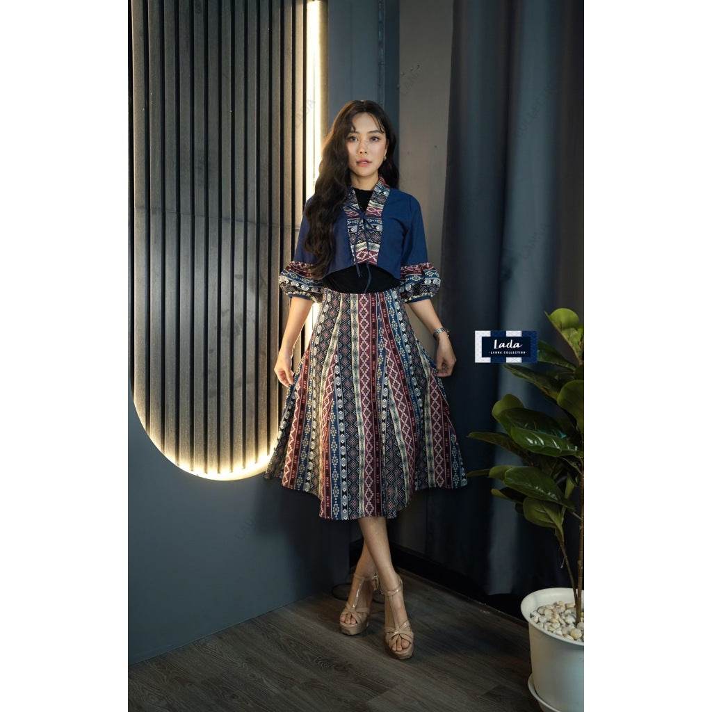 New Woven Wrap Top &amp; 6-Piece Checkerboard Skirt Set – Navy Blue | Ethnic Cotton Outfit for Women in S–XL Sizes One-Sake.com L S M S-M-L-XL-
