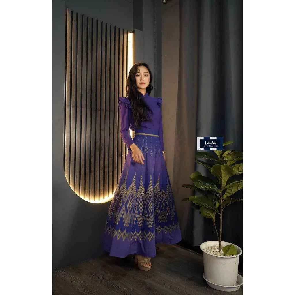 New Pine Pattern Cotton Set - 8-Piece Wing Sleeve Top & Light Purple Ocean Blue Skirt for Women in S–XL Sizes