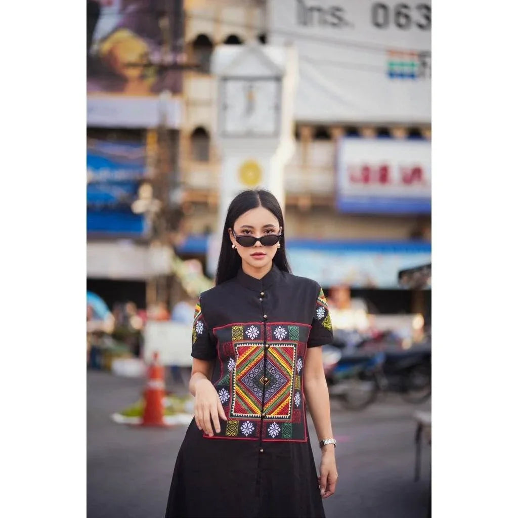 New Black Tai Dam Long Wrap Coat with Polyester Trim | Traditional Thai Cotton Women's Outfit in M & XL Sizes