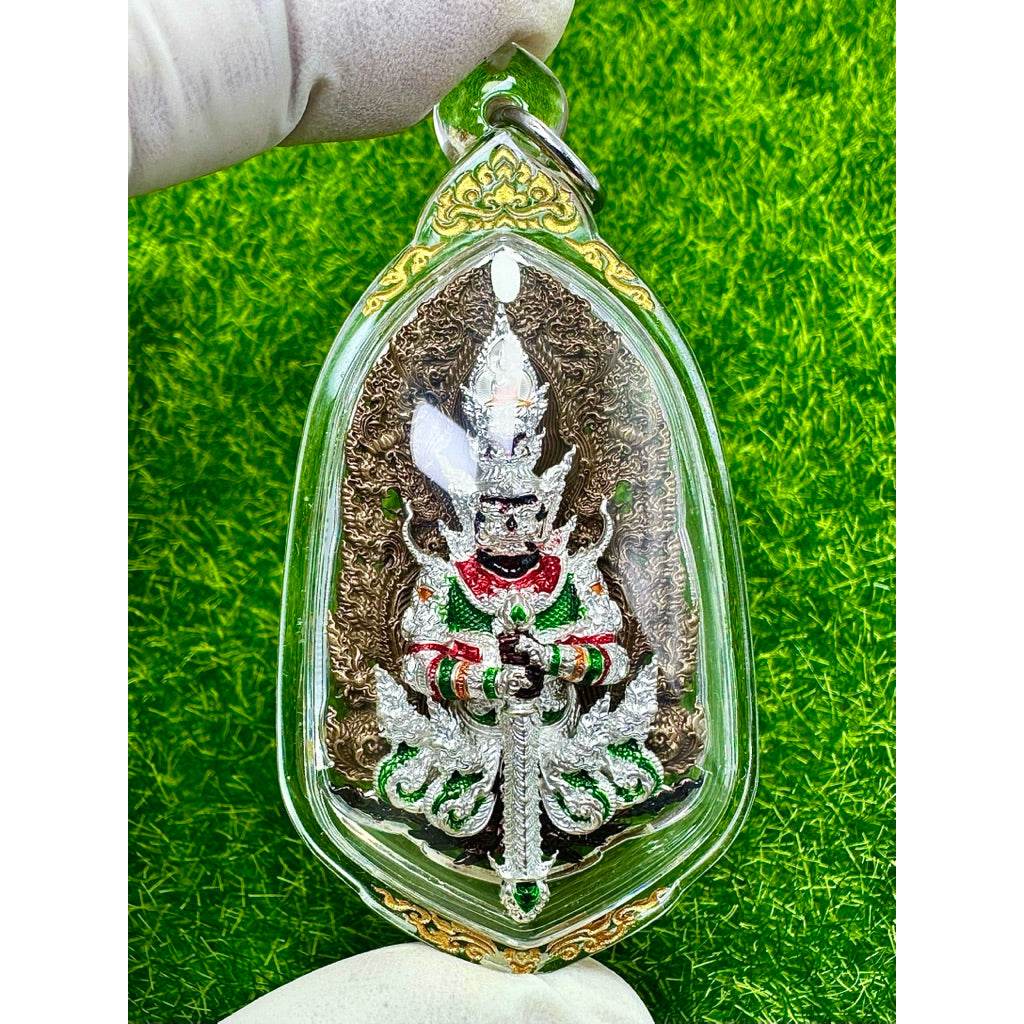 Satin-Bronze Taowessuwan Amulet Silver-Plated with Color Enamel Wat Pa Tripoom Satthatham - Thai Blessing Co