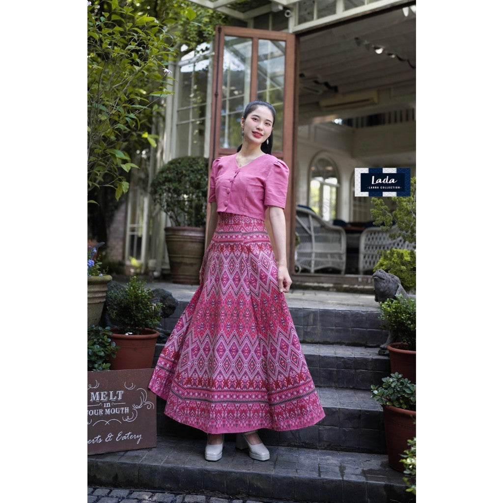 V-Neck Pleated Skirt Set - 6-Piece Cotton Outfit with Praewa Phan Mahaa Pattern in Pink, Red & Purple for Women S–XL