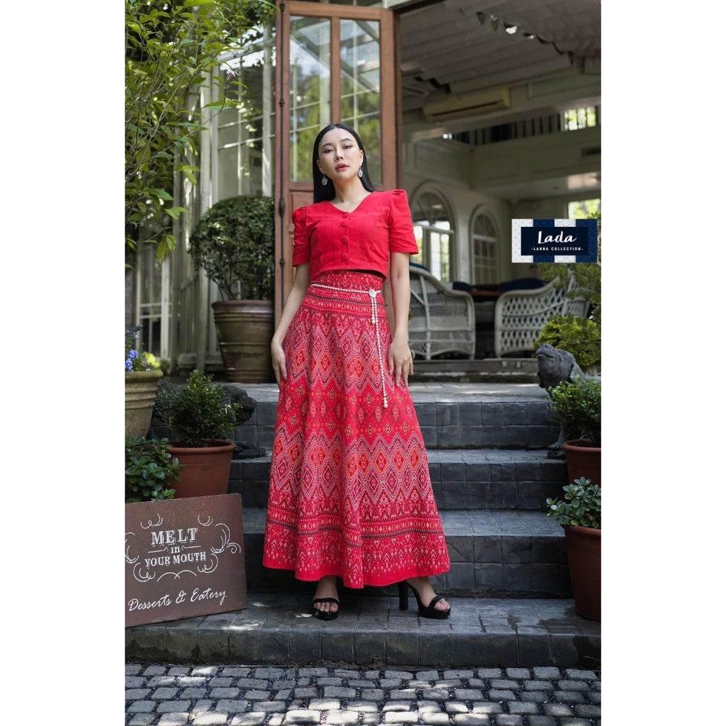 V-Neck Pleated Skirt Set - 6-Piece Cotton Outfit with Praewa Phan Mahaa Pattern in Pink, Red & Purple for Women S–XL