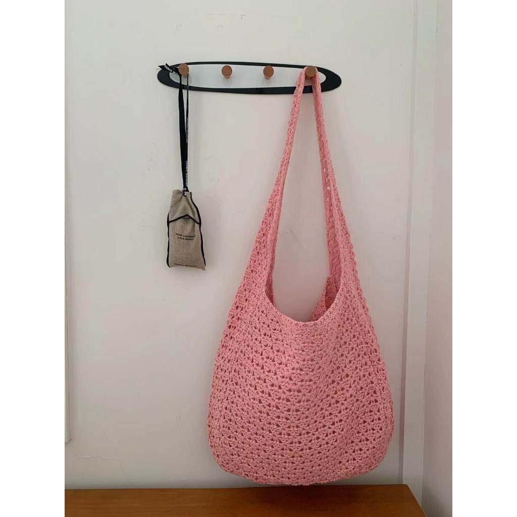 New Korean Style Handwoven Crossbody Bag – Cotton Rope Shoulder Bag with Adjustable Strap | 23x29cm Size for Women One-Sake.com blue khaki white off khaki-white off-blue-pink-purple-