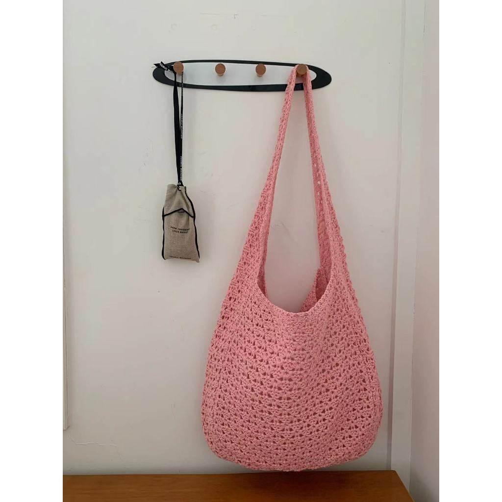 New Korean Handwoven Crossbody Bag - Adjustable Cotton Rope Shoulder Bag for Women, 23x29cm pink