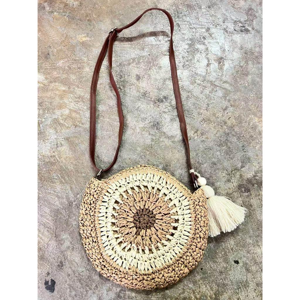 Retro Handwoven Bag with Cute Tassel & Leather Strap | Small Cotton Rope Crossbody with Adjustable Strap