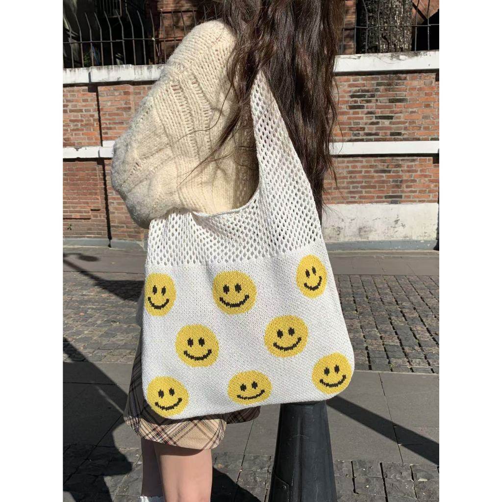 Smiley Face Crochet Bag – Colorful Handmade Shoulder Tote with 30cm Strap | Large Capacity Cotton Rope Bag 40cm Width One-Sake.com white khaki white off khaki-white off-white-