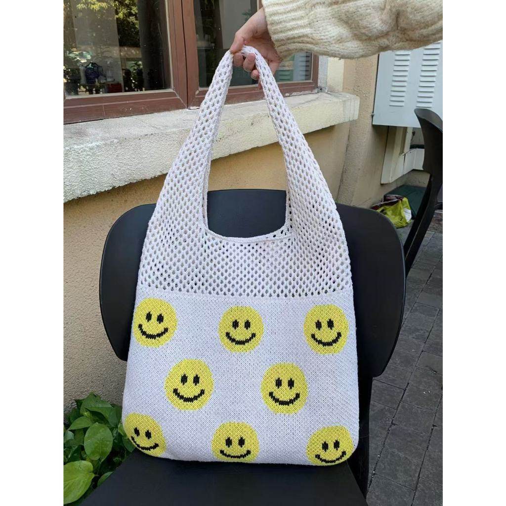 Smiley Face Crochet Bag – Colorful Handmade Shoulder Tote with 30cm Strap | Large Capacity Cotton Rope Bag 40cm Width One-Sake.com white khaki white off khaki-white off-white-
