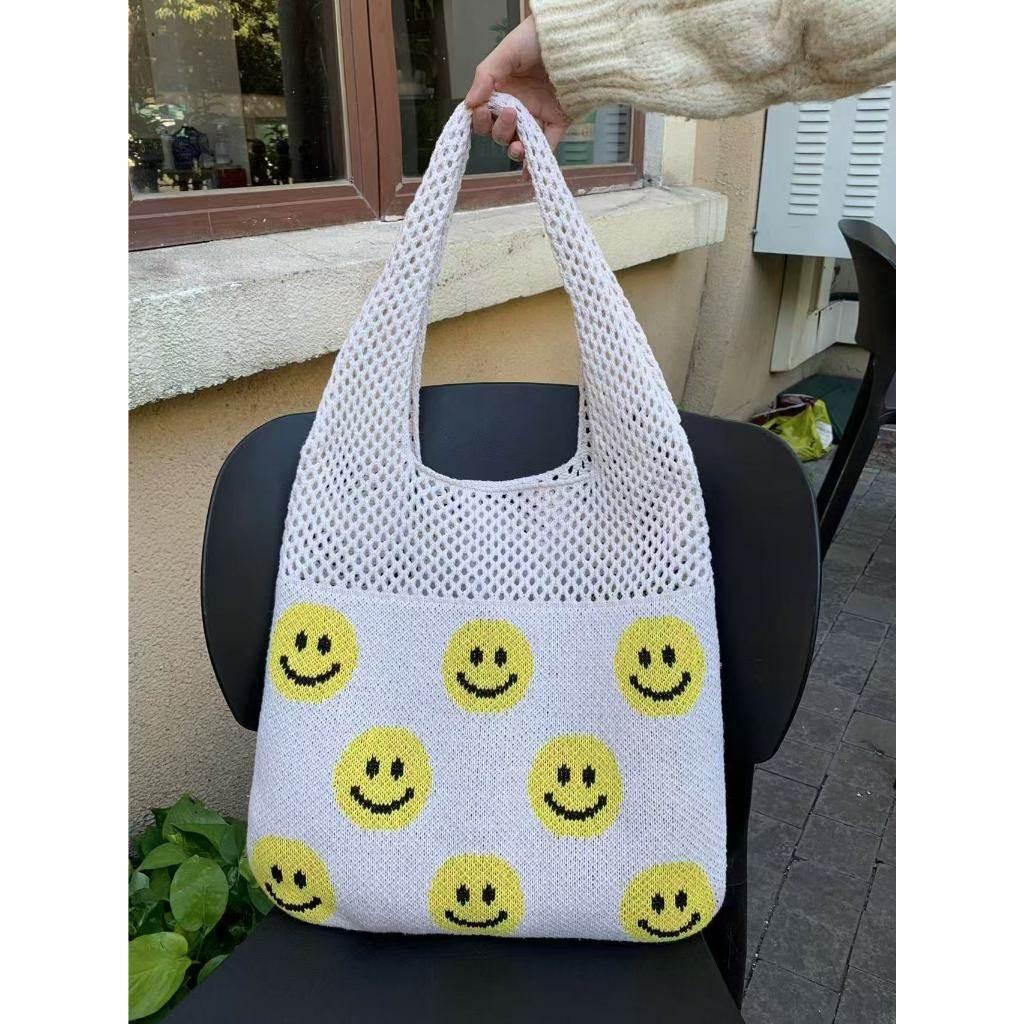 Smiley Face Crochet Bag – Colorful Handmade Cotton Rope Tote with 30cm Strap | Large Capacity 40cm Shoulder Bag