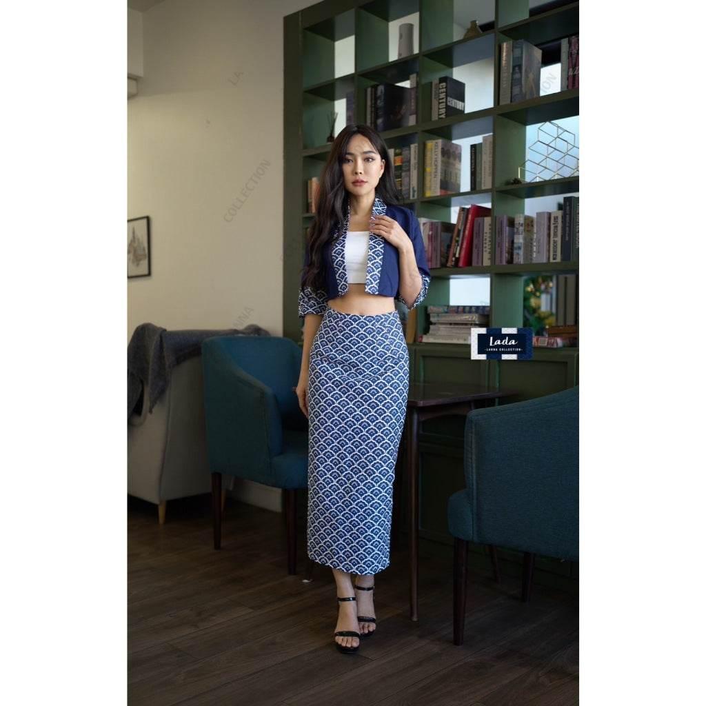 New Fish Scale Print Cotton Set - 4-Panel Cape Sleeve Top & A-Line Skirt in Traditional Lanna Fabric | Women's Sizes S–XL XL