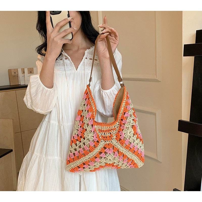 Trapezoid Handwoven Shoulder Bag in Dusty Purple – Leather Strap &amp; Lined Interior | Natural Cotton Rope Bag for Women One-Sake.com 1 2 1-2-
