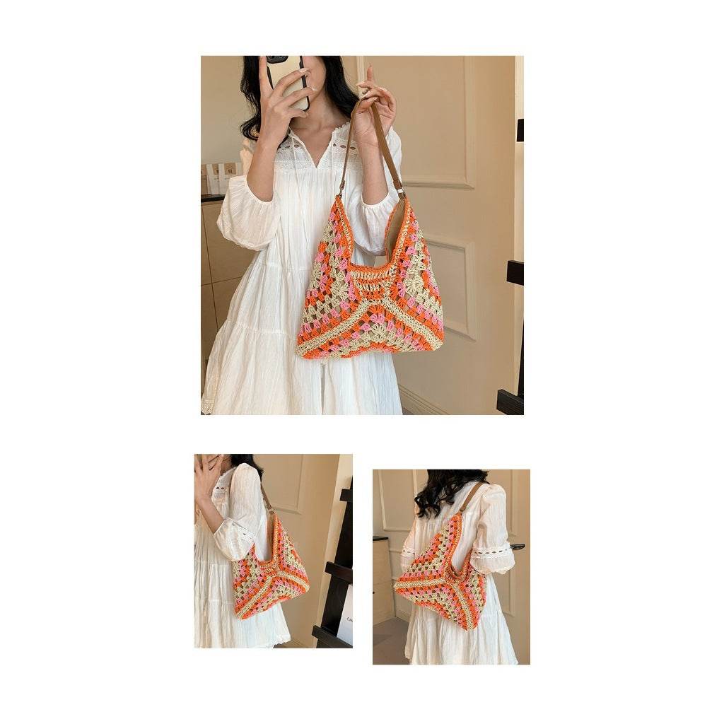 Trapezoid Handwoven Shoulder Bag in Dusty Purple – Leather Strap &amp; Lined Interior | Natural Cotton Rope Bag for Women One-Sake.com 1 2 1-2-